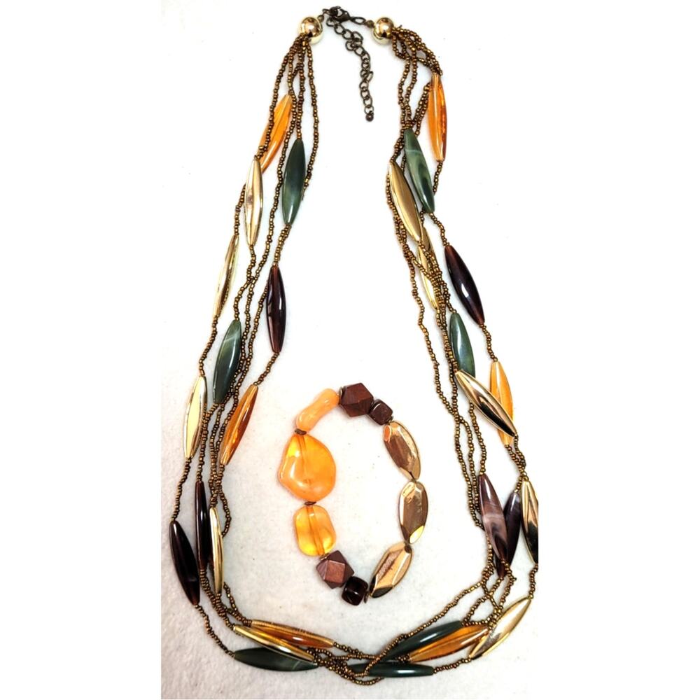 Vtg Multi Strand Chunky Beaded Necklace & Bracelet Earthtone Lucite Acrylic Boho